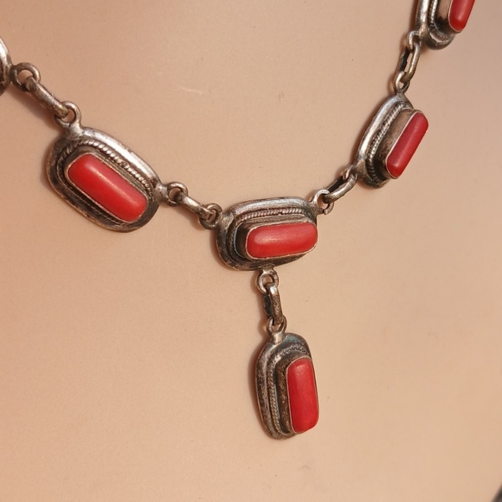 Native American Made Sterling Coral Cobochon Y Necklace